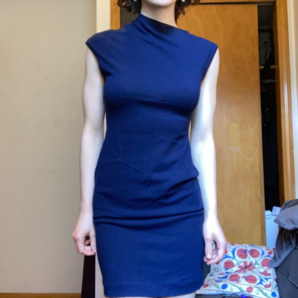 Jil Sander Asymmetrical Collar Bodycon Blue Knee-Length Dress S